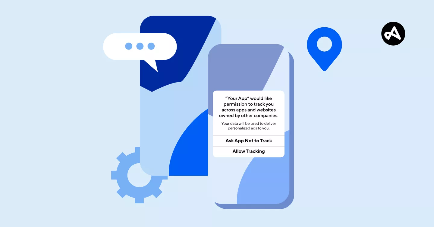 Illustration of Apple's App Tracking Transparency prompt asking permission to track a user across apps and websites