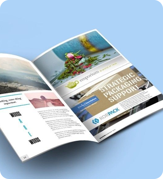 Magazine spread showing branded editorial placements, representing NLOM's Publications channel